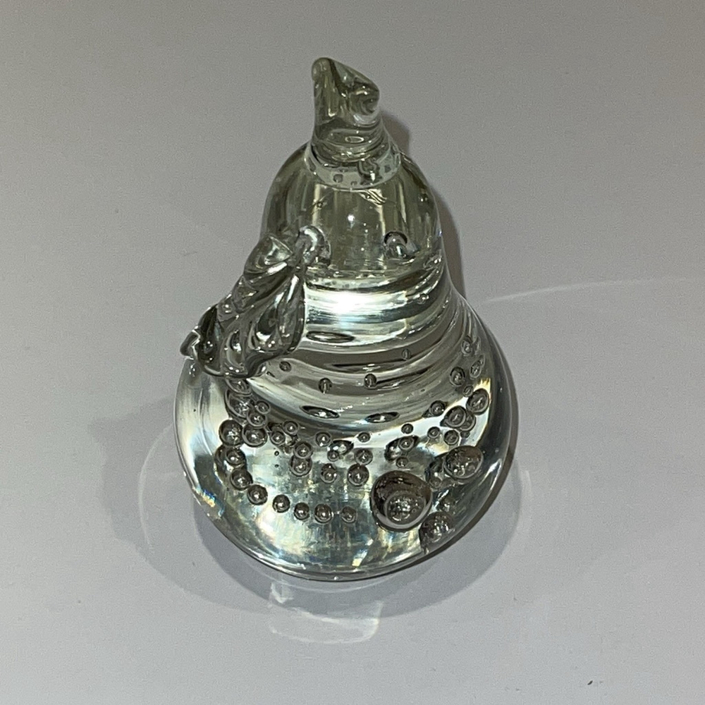 Vintage Clear Blown Glass Pear Paperweight w Bubbles Leaf Stem Accent 2.5"x3.5”